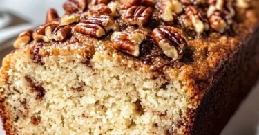 Deliciously baked Sweet Alabama Pecan Bread with crunchy pecans on top.