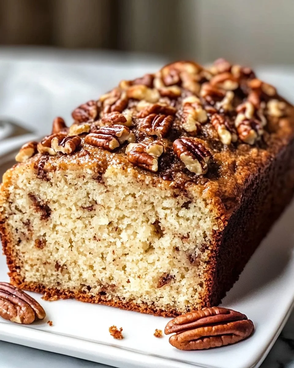 Deliciously baked Sweet Alabama Pecan Bread with crunchy pecans on top.