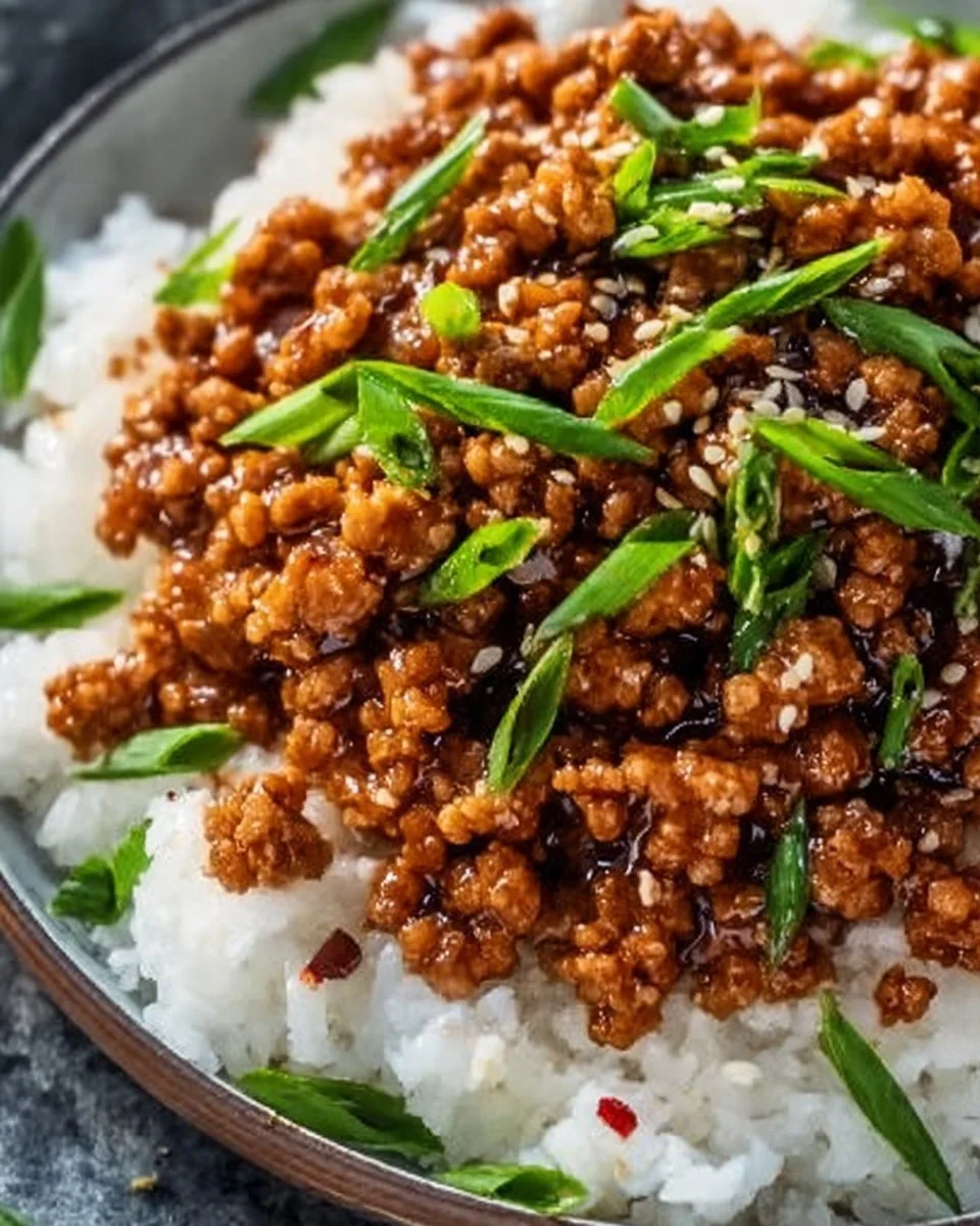 Plate of honey garlic ground turkey garnished with vegetables