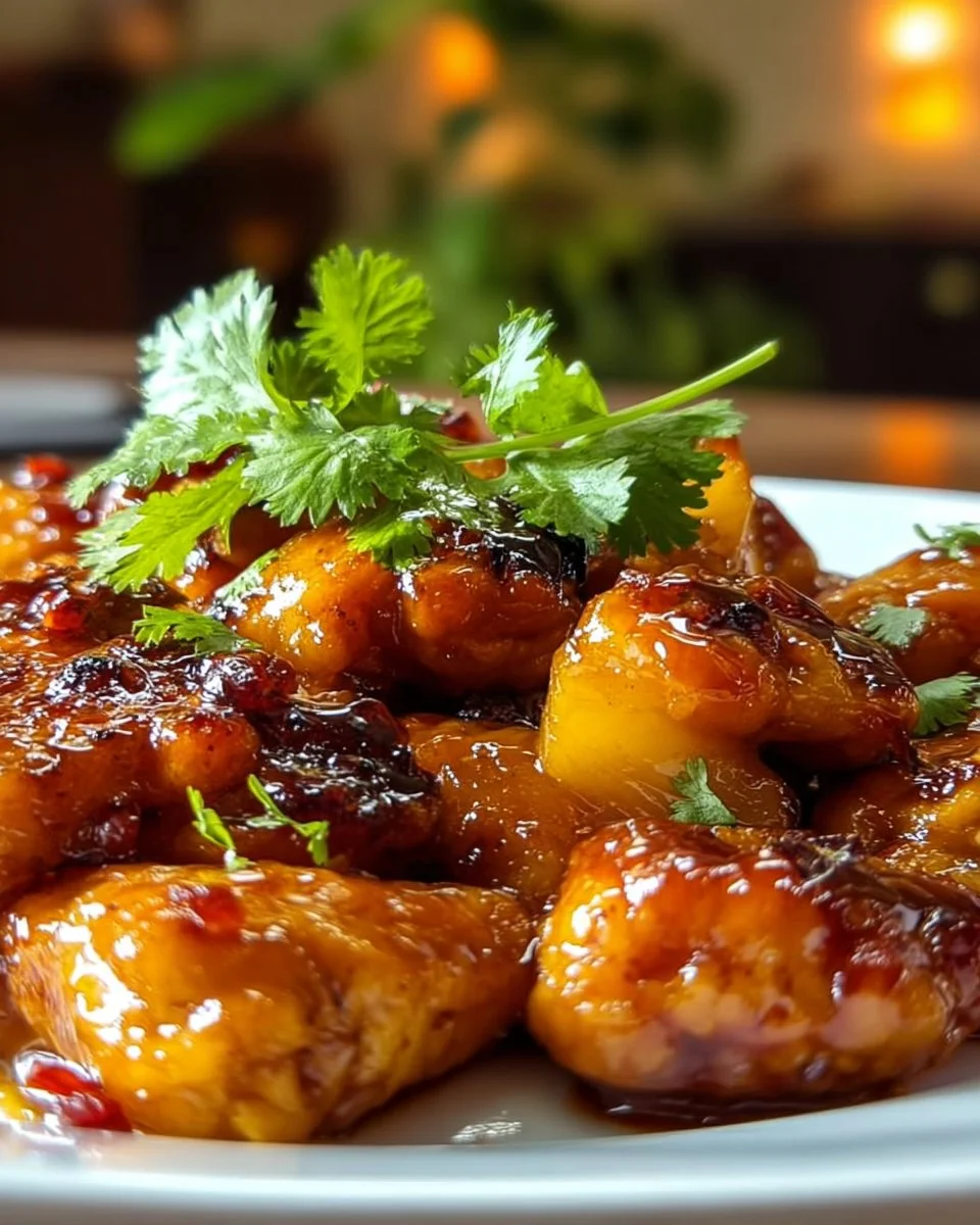 Sweet Hawaiian Crockpot Chicken garnished with pineapple and green onions