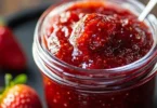 Jar of sweet heat jalapeño strawberry jam on a wooden table