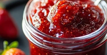 Jar of sweet heat jalapeño strawberry jam on a wooden table