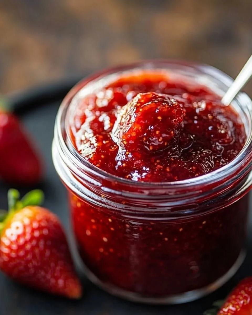 Jar of sweet heat jalapeño strawberry jam on a wooden table