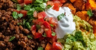 Colorful sweet potato taco bowl with fresh veggies and toppings