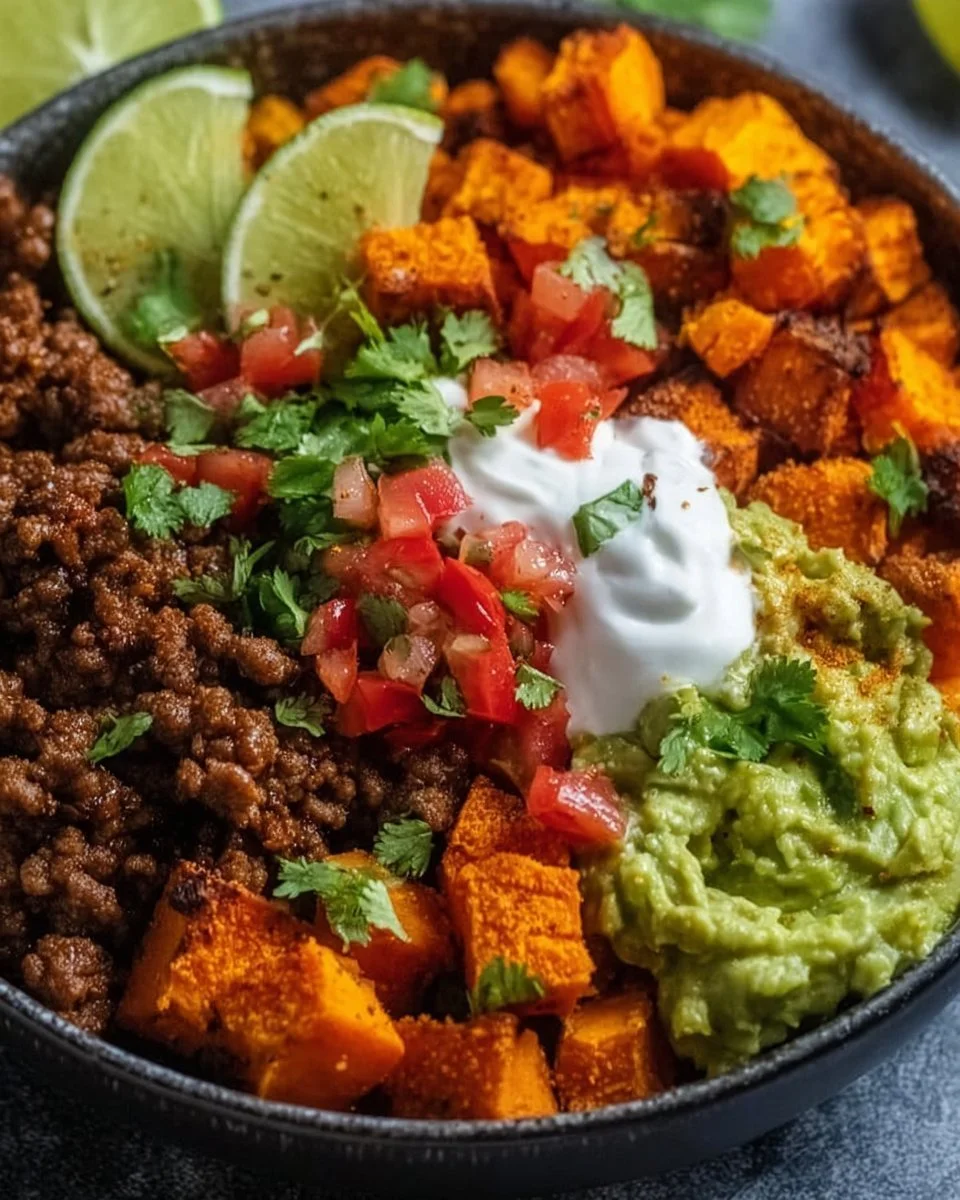 Colorful sweet potato taco bowl with fresh veggies and toppings