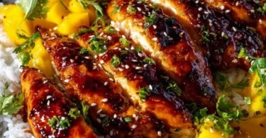 Delicious mango glazed chicken twists with a sweet and savory Asian flavor