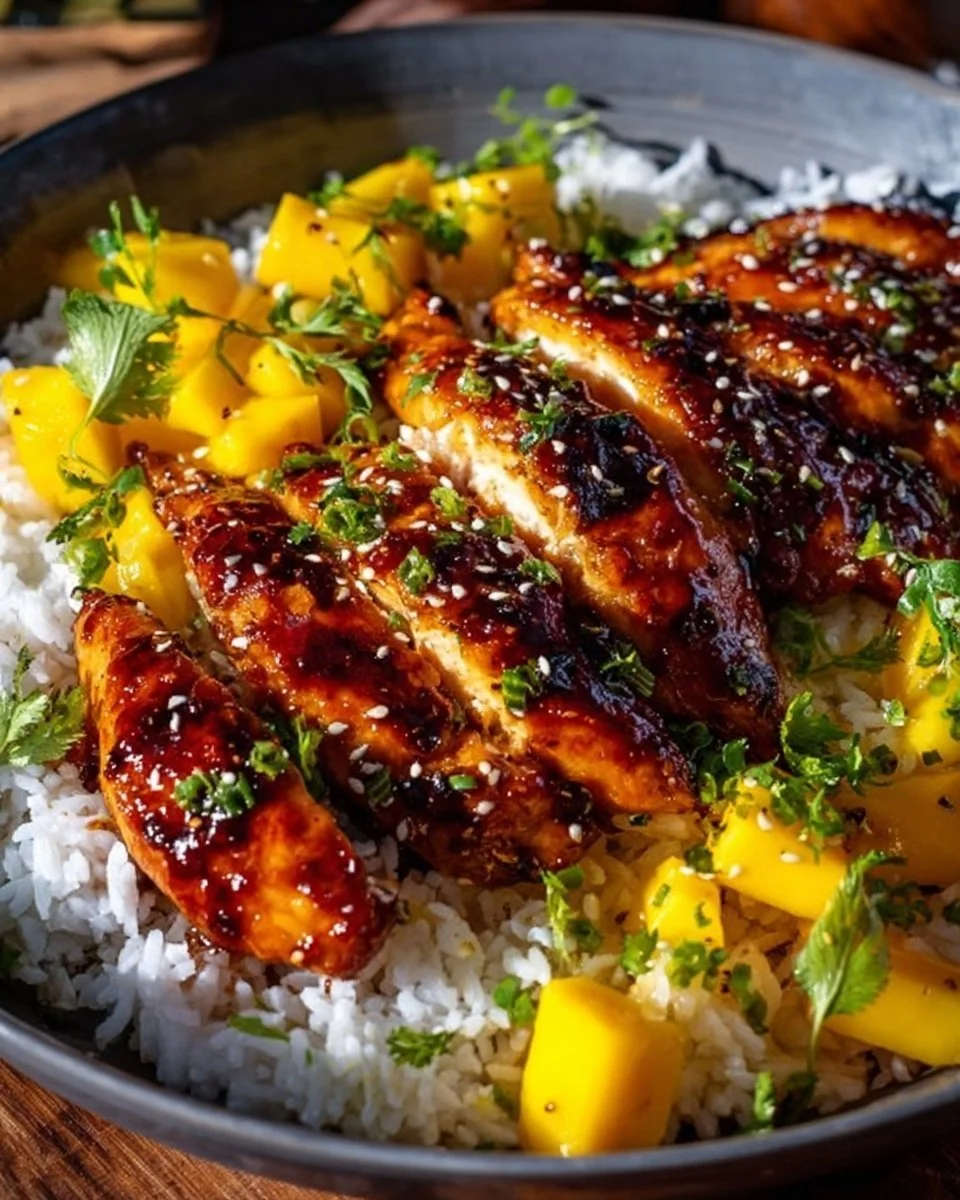 Delicious mango glazed chicken twists with a sweet and savory Asian flavor