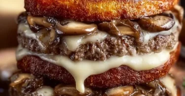 Swiss Mushroom Melt Delight with melty cheese and mushrooms on a plate
