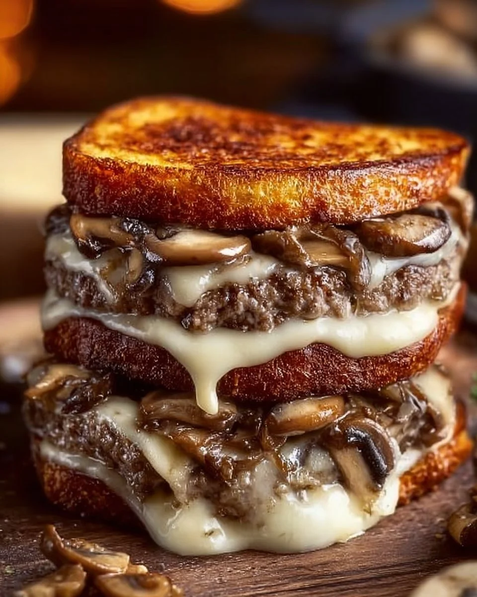 Swiss Mushroom Melt Delight with melty cheese and mushrooms on a plate