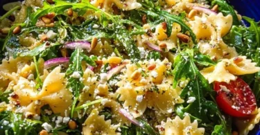 Tangy lemon arugula pasta salad with colorful vegetables and dressing