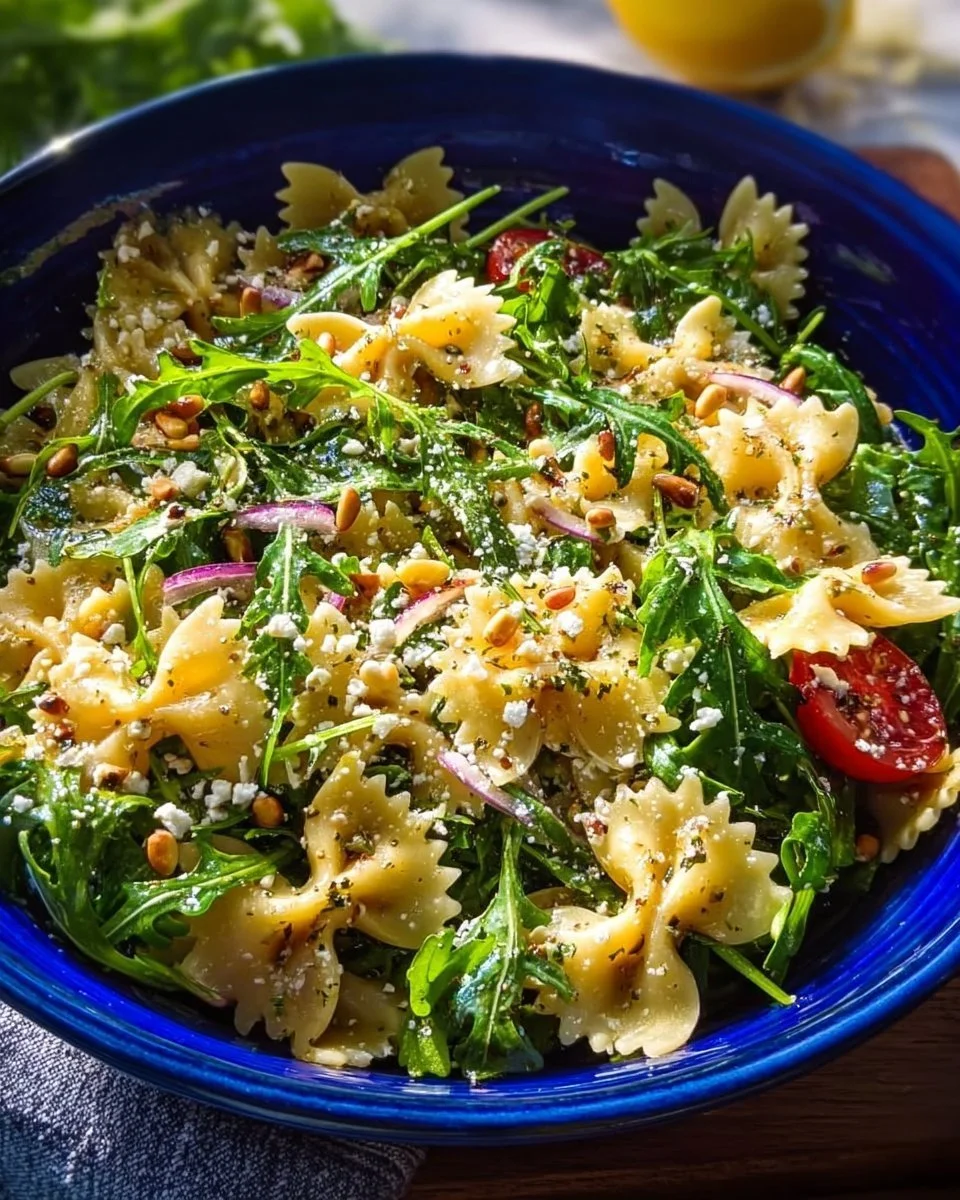 Tangy lemon arugula pasta salad with colorful vegetables and dressing