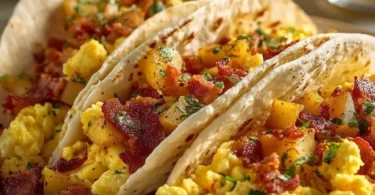 A plate of deliciously baked breakfast tacos filled with eggs and toppings