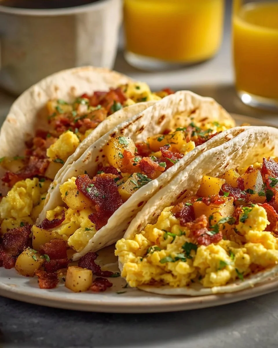 A plate of deliciously baked breakfast tacos filled with eggs and toppings