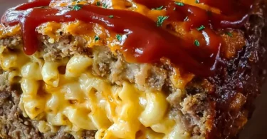 Ultimate Mac 'N' Cheese-Stuffed Meatloaf garnished with herbs.