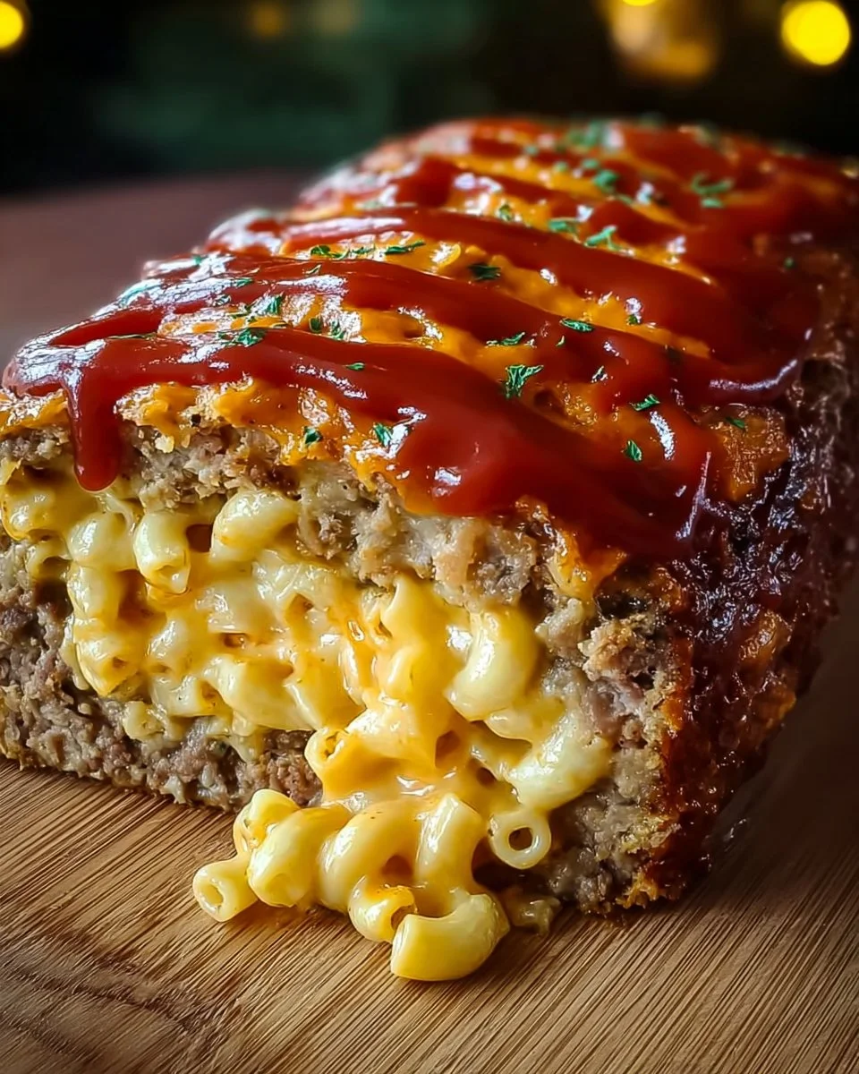 Ultimate Mac 'N' Cheese-Stuffed Meatloaf garnished with herbs.