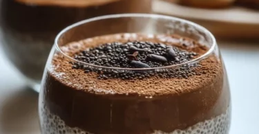 Delicious tiramisu chia pudding in a glass with cocoa sprinkle