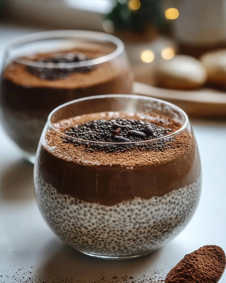 Delicious tiramisu chia pudding in a glass with cocoa sprinkle
