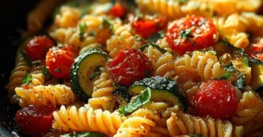A plate of Tomato Zucchini Pasta garnished with fresh herbs.