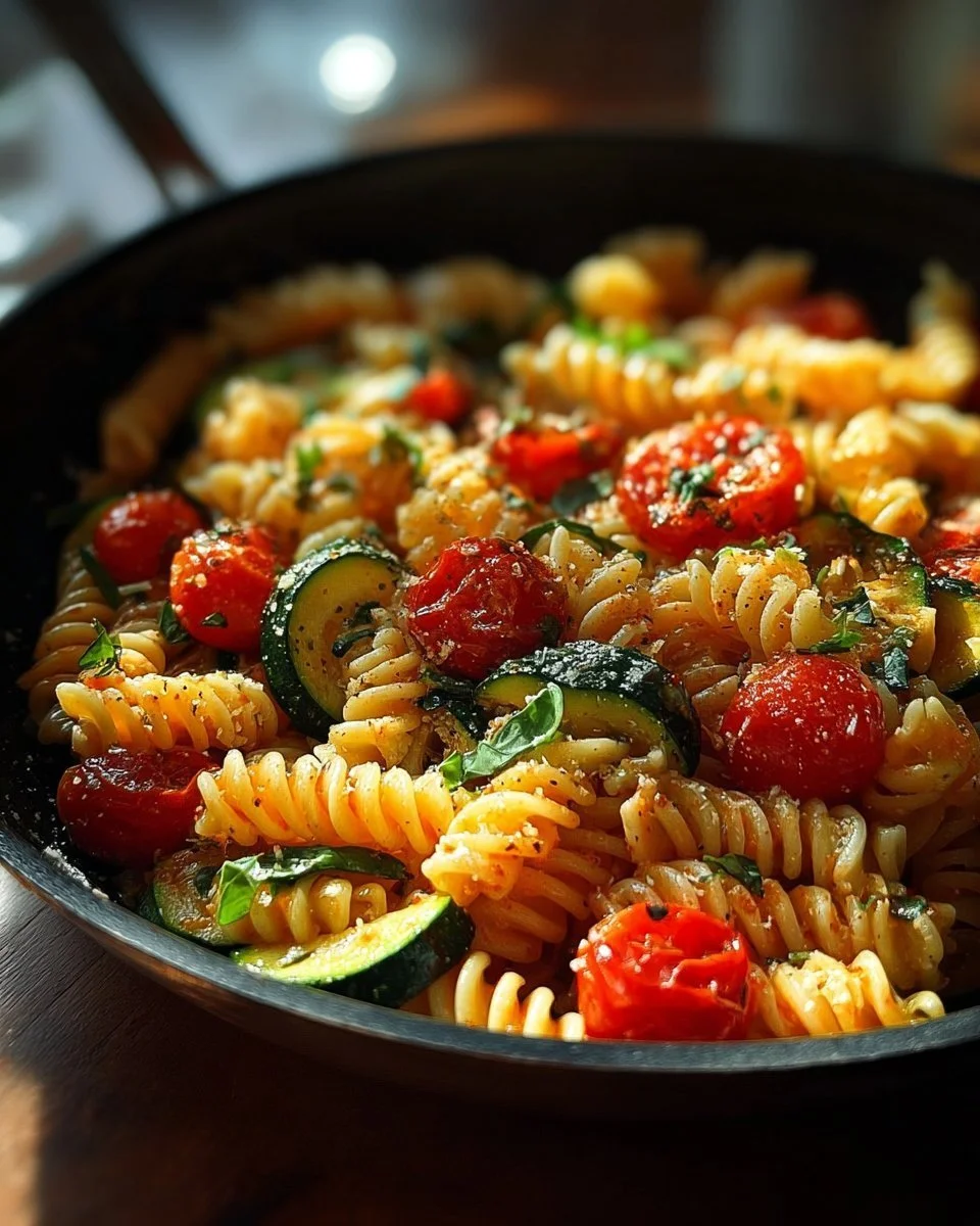 A plate of Tomato Zucchini Pasta garnished with fresh herbs.