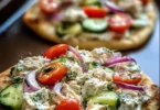 Tzatziki Chicken and Vegetable Naan Pizza topped with fresh ingredients