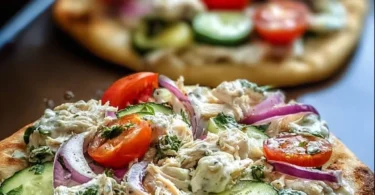 Tzatziki Chicken and Vegetable Naan Pizza topped with fresh ingredients