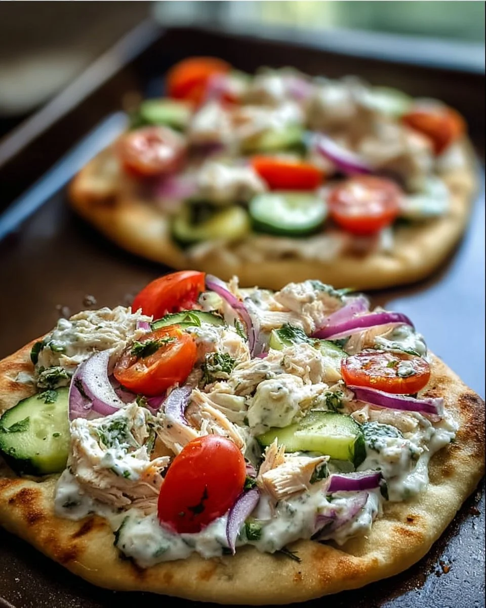 Tzatziki Chicken and Vegetable Naan Pizza topped with fresh ingredients