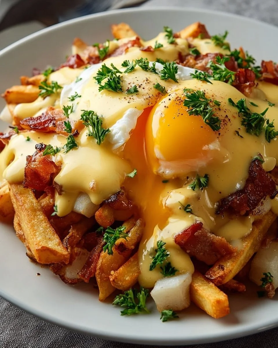Ultimate breakfast poutine with creamy hollandaise sauce served in a bowl