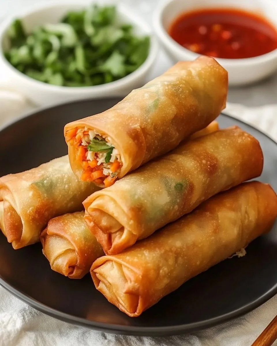 Ultra crispy chicken spring rolls served with dipping sauce