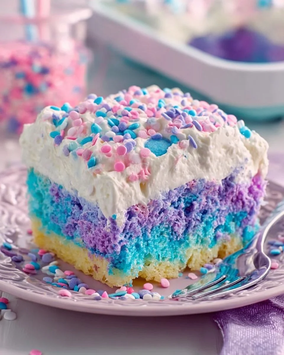 Colorful Unicorn Poke Cake with vibrant layers and frosting