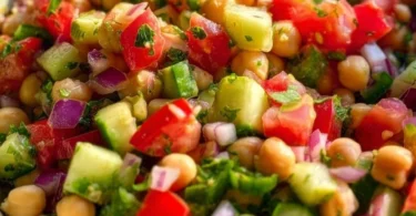 Vegan ceviche made with chickpeas, lime, cilantro, and colorful vegetables