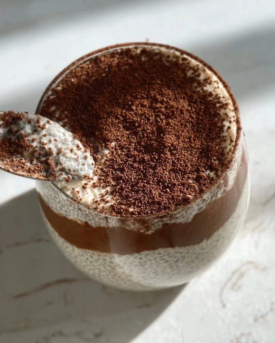 Viral tiramisu chia pudding with layers of coffee and cocoa flavors, served in a glass.