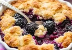 Delicious warm blackberry cobbler served in a dish, topped with ice cream.