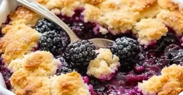 Delicious warm blackberry cobbler served in a dish, topped with ice cream.