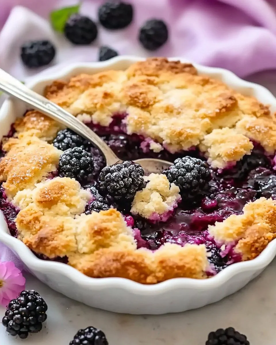 Delicious warm blackberry cobbler served in a dish, topped with ice cream.
