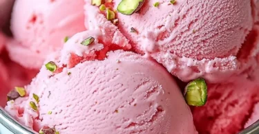 Bowl of watermelon pistachio ice cream topped with fresh pistachios