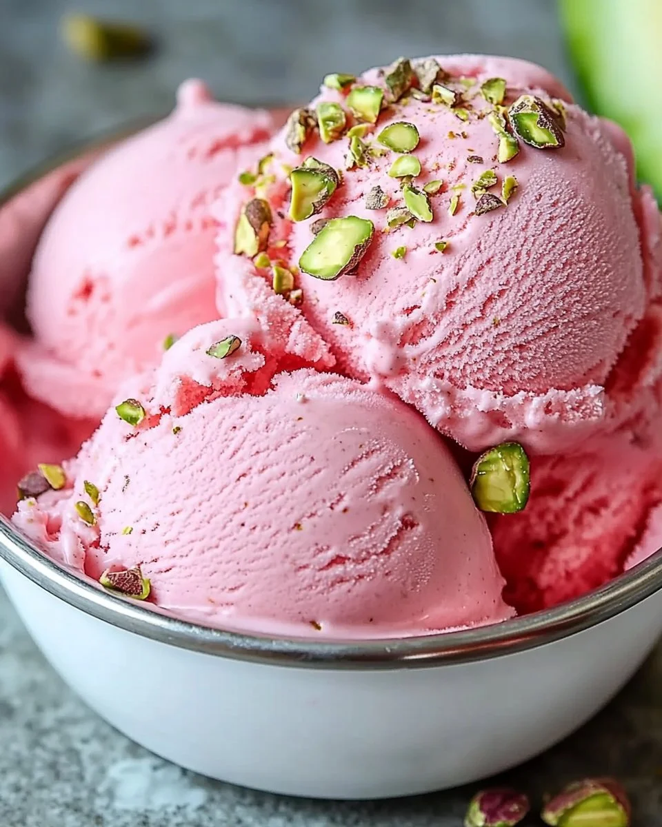 Bowl of watermelon pistachio ice cream topped with fresh pistachios