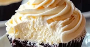 Whipped vanilla pudding frosting swirled on a luscious cake