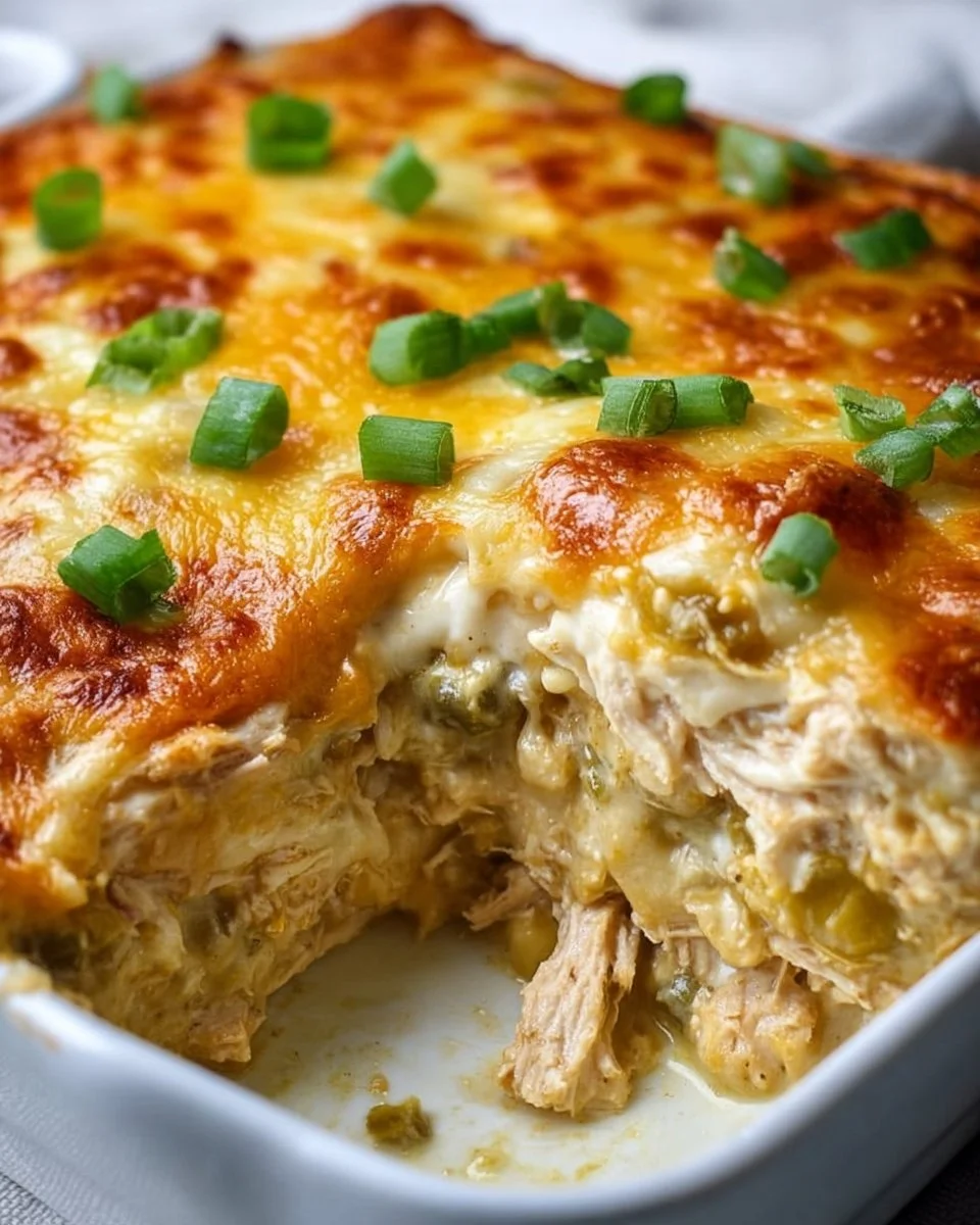 White chicken chili cottage cheese winter bake in a casserole dish
