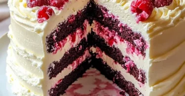 Delicious White Chocolate Raspberry Cake with fresh raspberries and creamy icing