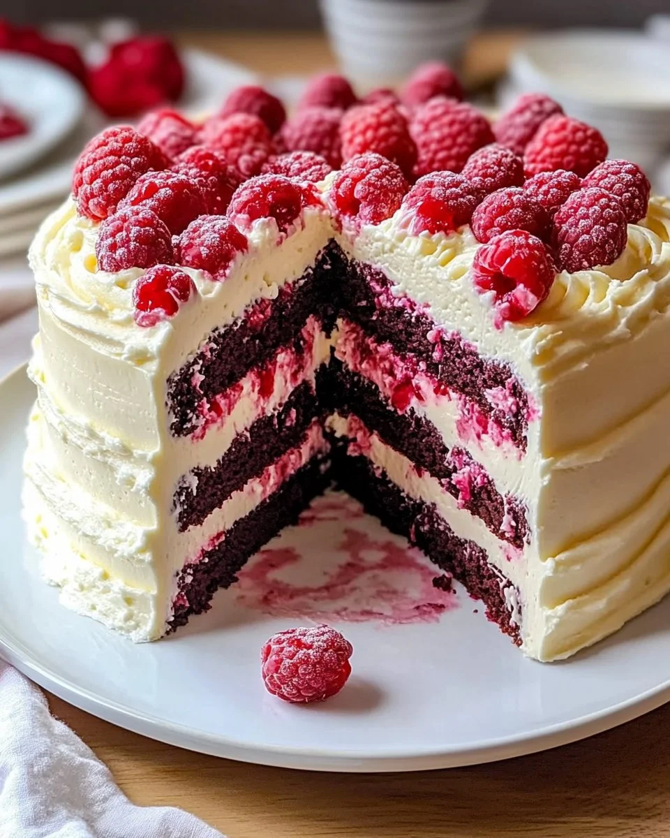 Delicious White Chocolate Raspberry Cake with fresh raspberries and creamy icing