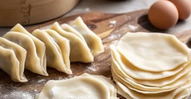 A plate of homemade wonton wraps filled with vegetables and meat