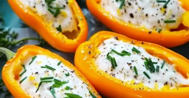 Zesty cream cheese stuffed mini orange peppers ready to serve.