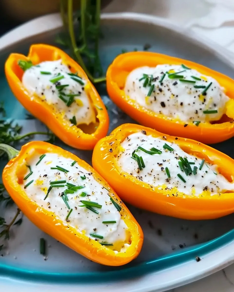 Zesty cream cheese stuffed mini orange peppers ready to serve.
