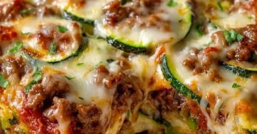 Delicious zucchini pizza casserole topped with cheese and fresh vegetables