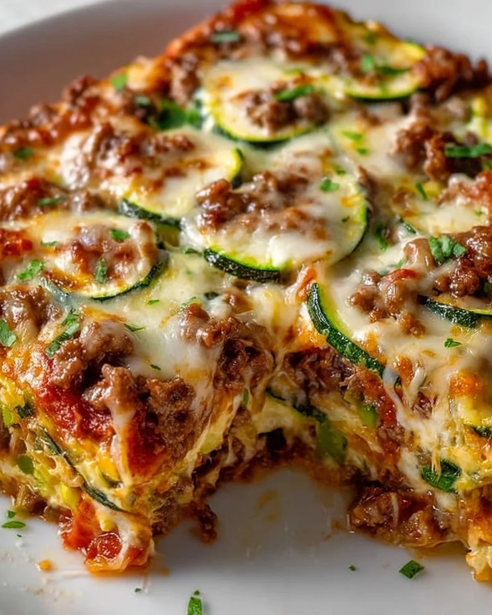 Delicious zucchini pizza casserole topped with cheese and fresh vegetables
