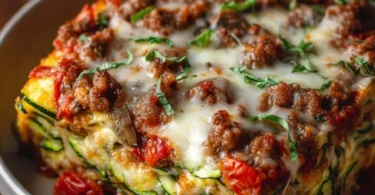 Healthy zucchini pizza casserole dish served with fresh toppings