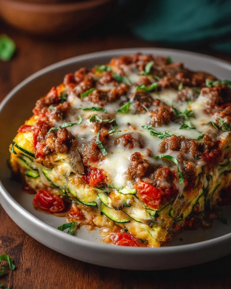 Healthy zucchini pizza casserole dish served with fresh toppings