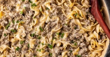 Delicious 30-Minute Ground Beef Stroganoff served on a plate