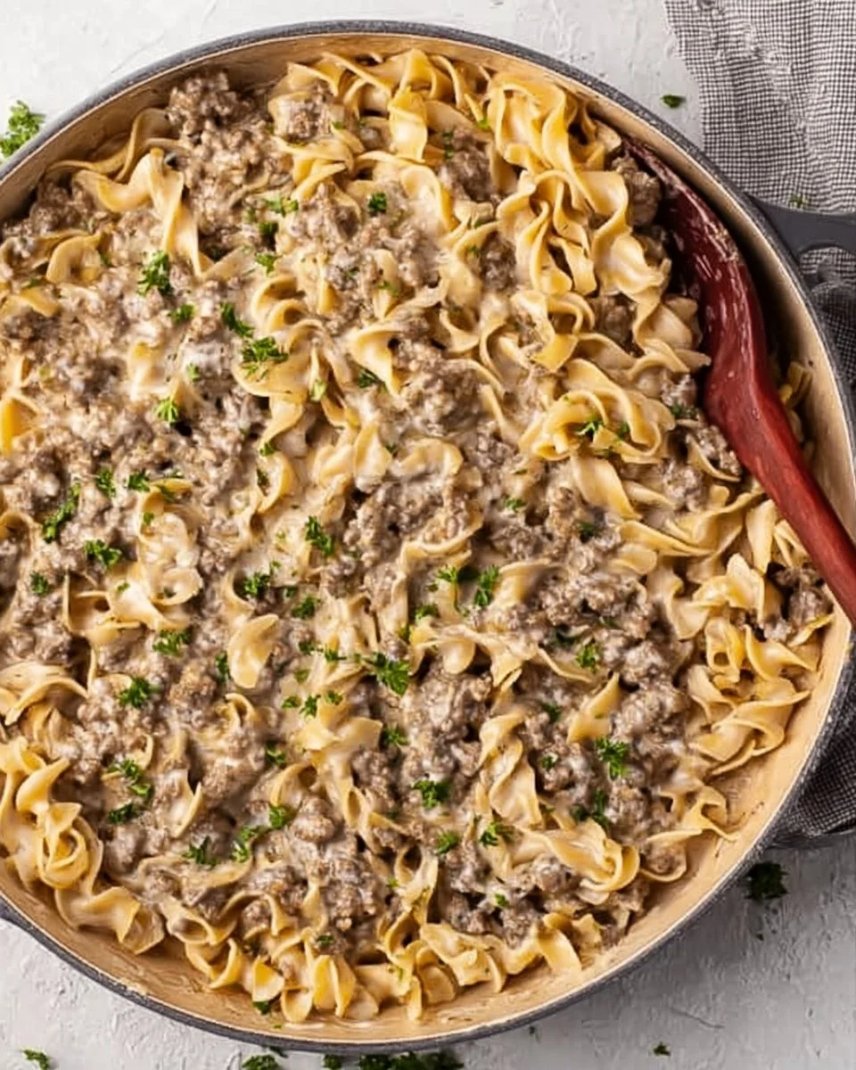 Delicious 30-Minute Ground Beef Stroganoff served on a plate