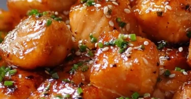 Air Fryer Honey Garlic Salmon Bites served on a plate